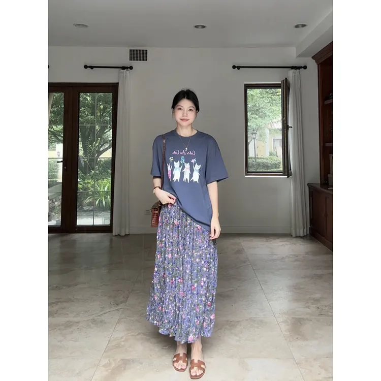 郭九九呢 100%棉印花宽松显瘦短袖t恤压皱碎花半身裙 G925A10430