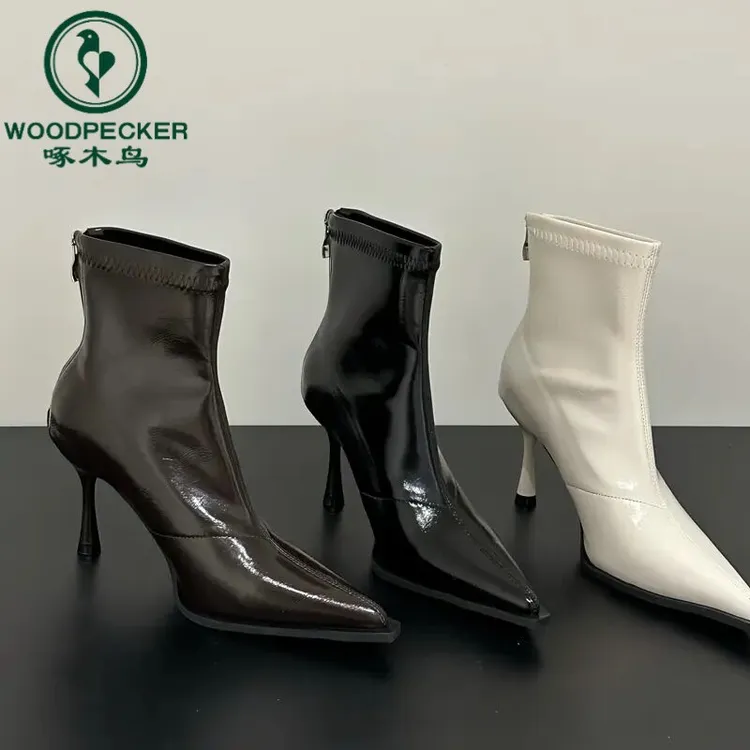 啄木鸟短靴女2025秋冬新款欧美范尖头细跟加绒高跟显瘦中筒瘦瘦靴