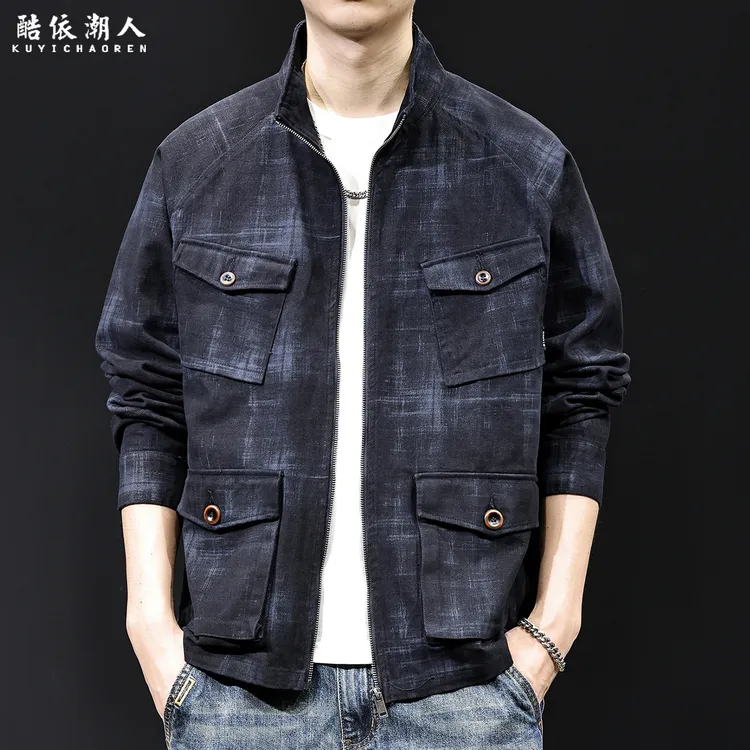 2025新款多口袋休闲外套男士春秋款潮牌高端立领夹克秋季衣服大码