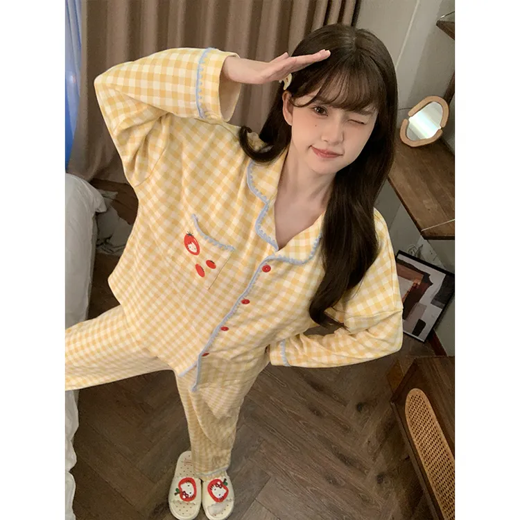 2025新款睡衣女春秋季长袖可爱甜美ins格子苹果家居服套装可外穿
