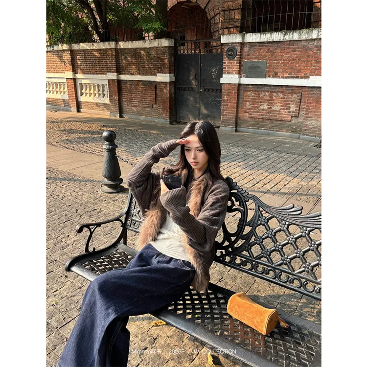 Mimmm咪子【暖系美学】美式复古长毛领针织衫秋季显瘦蝙蝠袖外套女