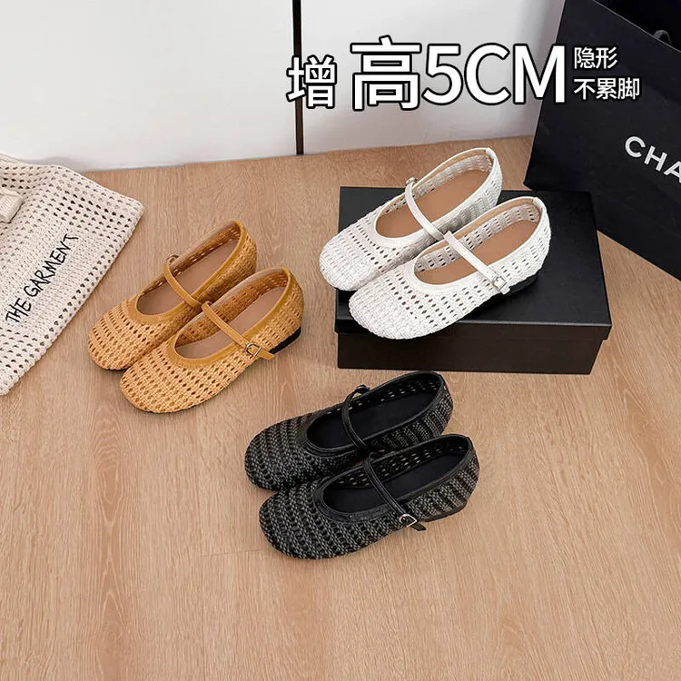 内增高5cm~2025夏季新款外穿编织镂空复古玛丽珍鞋法式增高女鞋