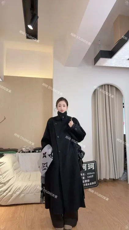 【珂珂专属】秋冬新款立领宽松显瘦系带长款双面羊毛大衣外套
