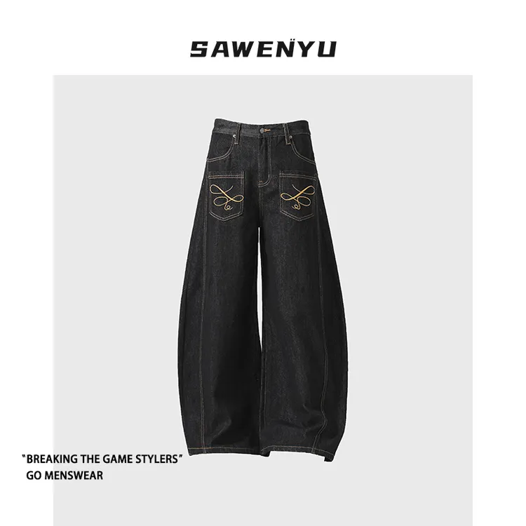 SAWENYU反面刺绣牛仔裤美式baggy原色阔腿弯刀裤美式牛仔裤男款