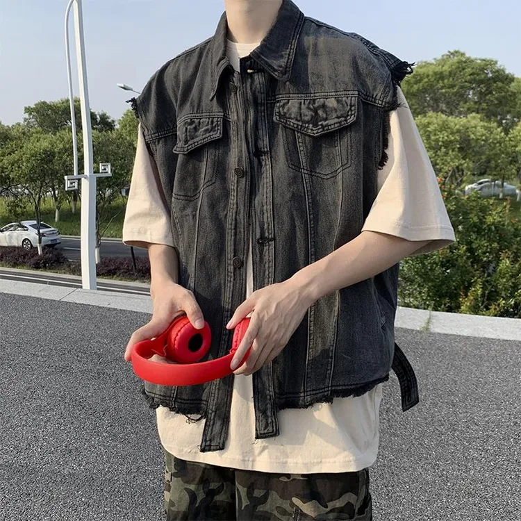  男装烟灰色牛仔背心马甲男韩版潮流宽松水洗毛边短款工装马夹坎