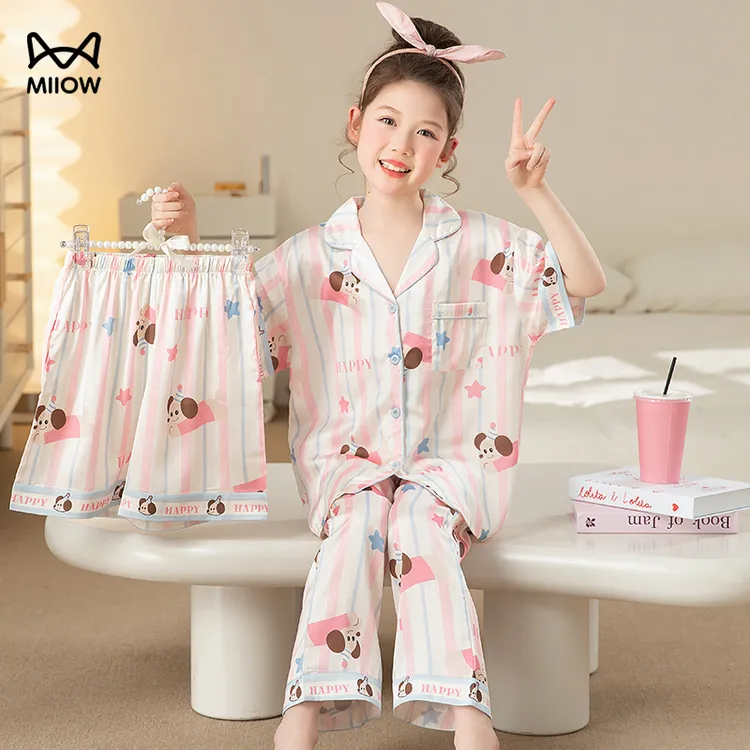 猫人儿童冰丝睡衣女童夏季凉感透气短袖三件套2025翻领家居服套装