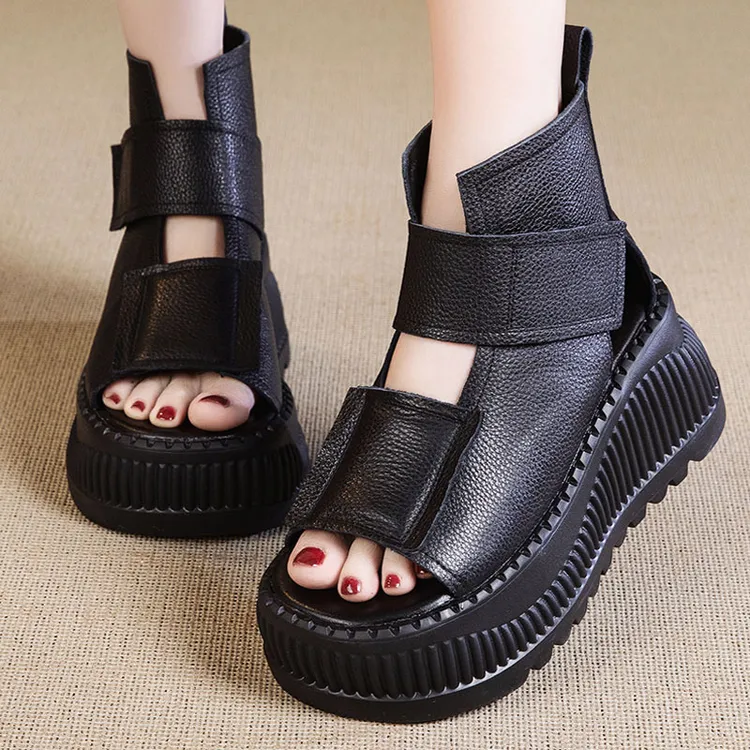 厚底真皮罗马凉鞋女2025夏季新款小个子松糕底外穿休闲鱼嘴凉鞋潮