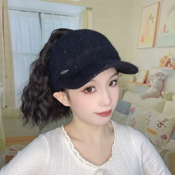 秋冬针织帽子假发一体中老年妈妈假发高扎羊毛卷裙边亮片帽子