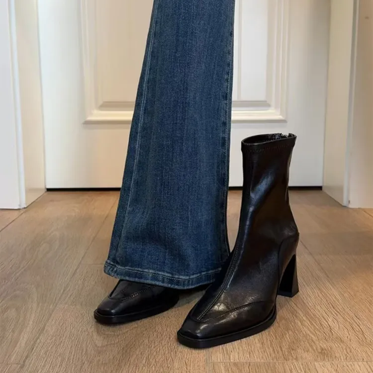 赵露思同款高跟方头瘦瘦靴短靴女2025粗跟复古马丁靴短筒显瘦单靴商品图