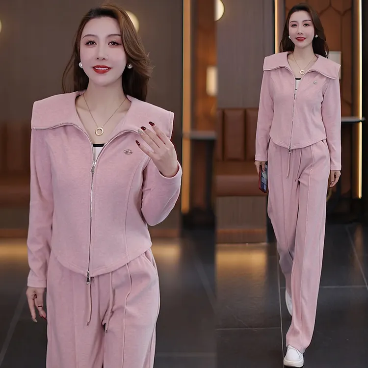 2025春季新款休闲娃娃领运动服套装女卫衣小个子长袖阔腿裤两件套