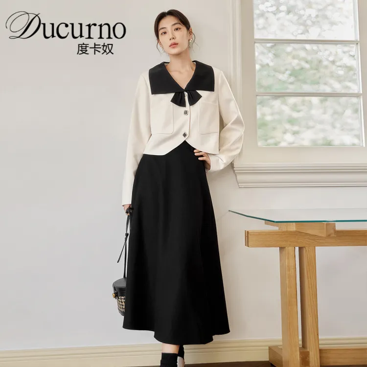 法式小香风撞色拼接套装裙女2025秋季胖mm短外套a字裙大码两件套