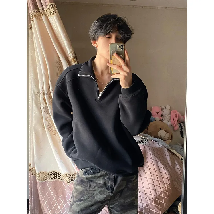 美式基础款潮牌半拉链套头黑色卫衣男款秋季休闲宽松百搭外套上衣