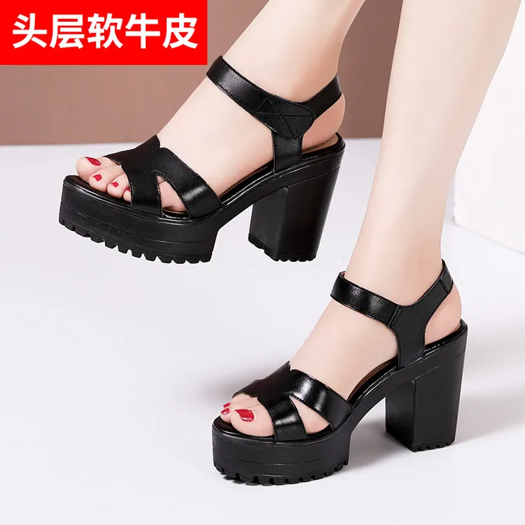 模特旗袍走秀凉鞋女夏10cm高跟粗跟防水台松糕厚底鱼嘴真皮女凉鞋