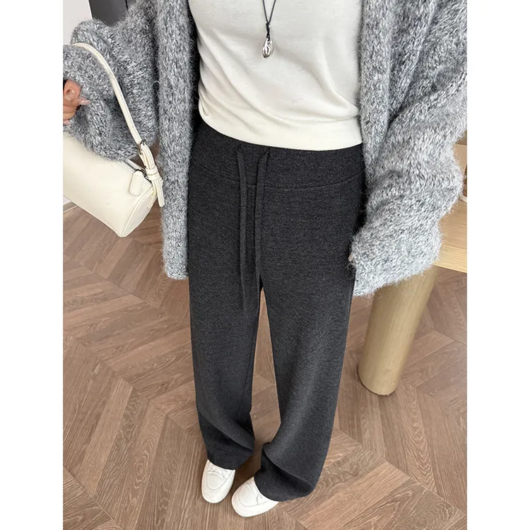 灰色软糯糯米裤 加绒加厚阔腿裤女秋冬高腰 窄版直筒裤绵羊毛