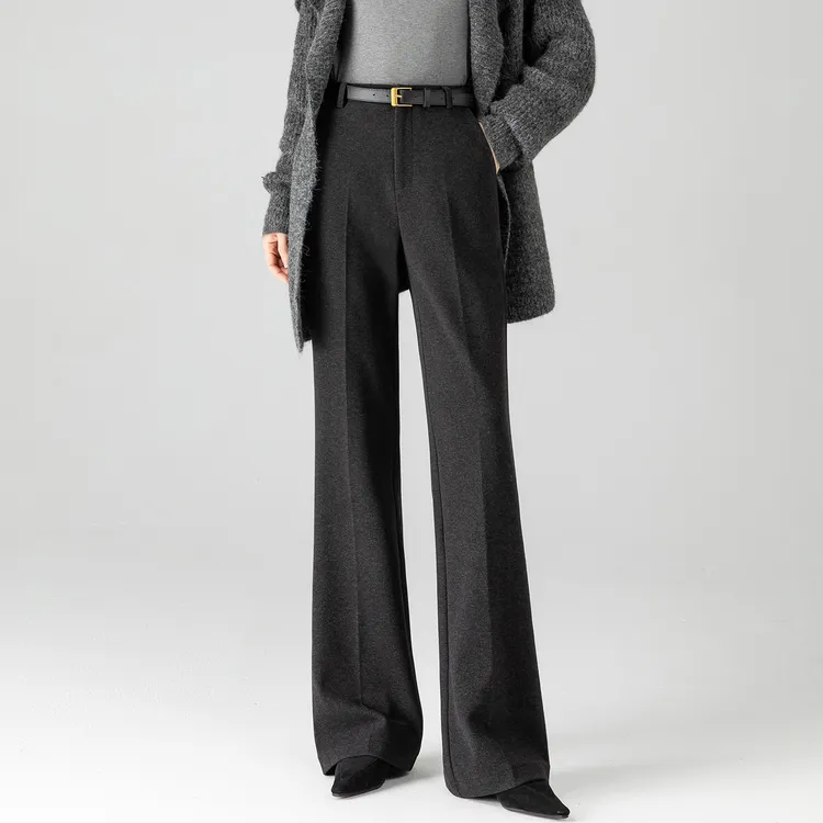 灰色微喇毛呢阔腿裤女2025新款冬加厚气质高腰宽松西装直筒喇叭裤