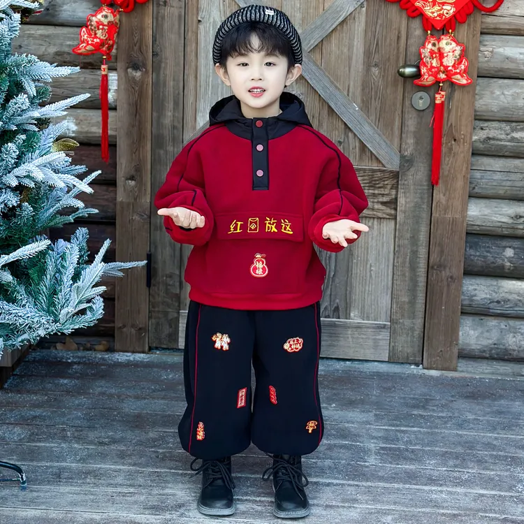 男童红色套装加绒加厚儿童冬季拜年服宝宝卫衣秋冬洋气休闲两件套
