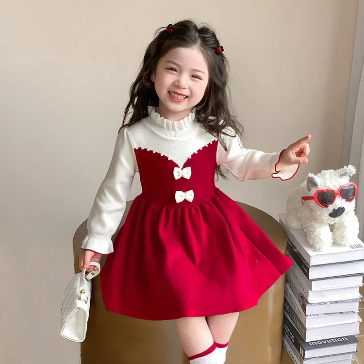 女童连衣裙秋冬款2025新款女宝珍珠毛衣裙洋气宝宝拼色针织公主裙