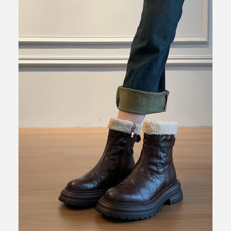羊皮版~复古厚底加绒短靴女2025秋冬英伦风侧拉链马丁靴雪地靴