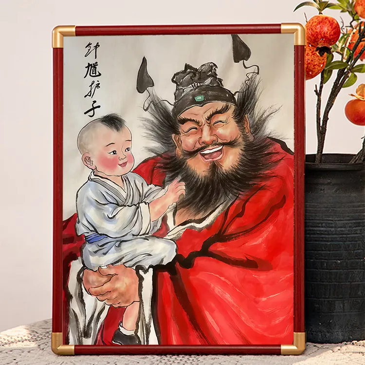 家用天师钟馗画像摆画钟馗护子挂画摆件房间桌面实木相框摆台画