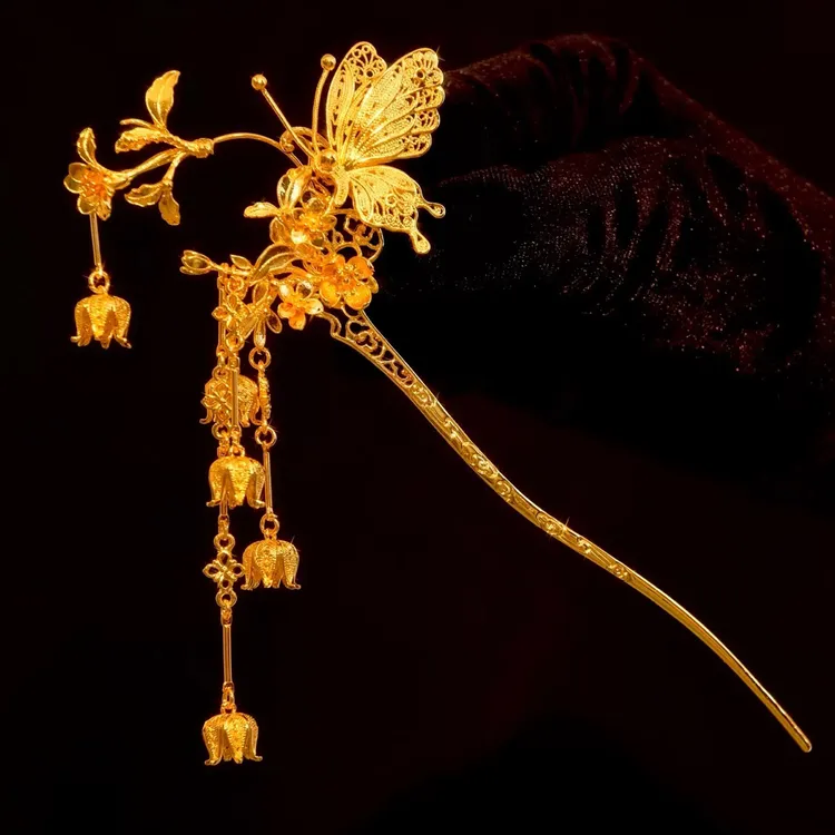 合金仿水晶婚庆饰品 12274金色立体蝴蝶流苏发簪配饰