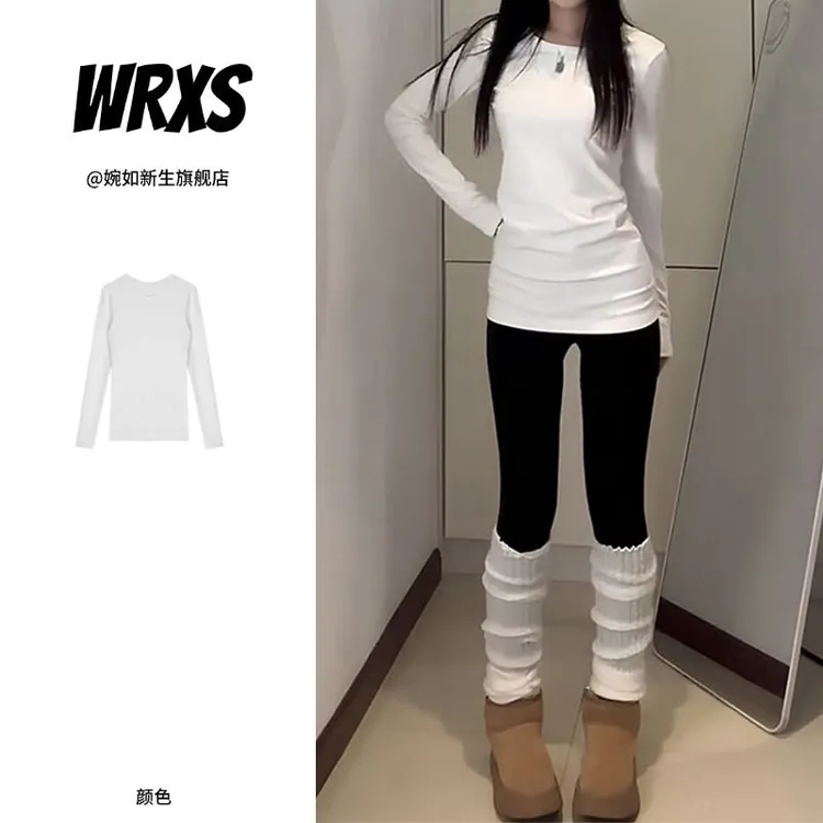 【婉如新生】白色韩系长袖T恤女冬季圆领内搭修身中长款保暖上衣