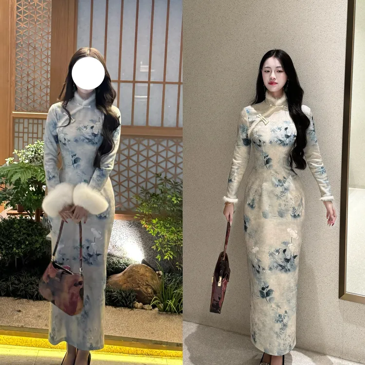 LHMknk1画报夫人原创自制秋冬厚款温柔水墨画水貂旗袍长袖晚香玉
