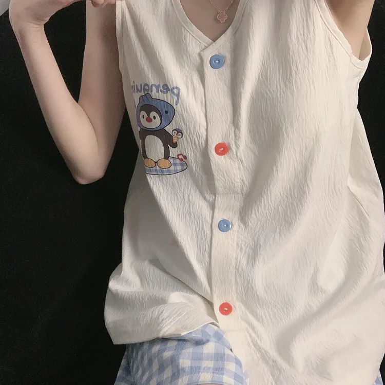卡通可爱企鹅睡衣女新款性感背心开衫蓝色格子短裤甜美家居服套装