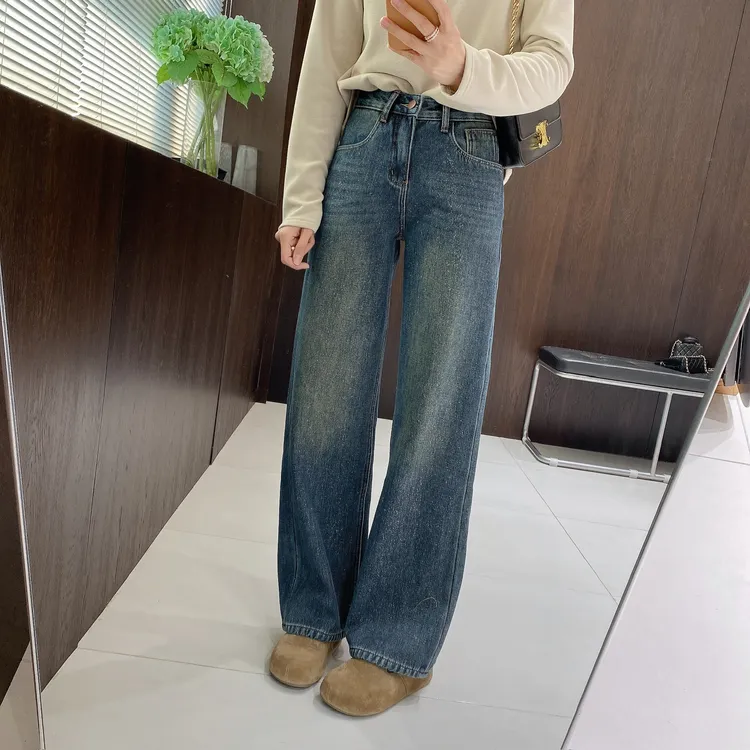 IMFLY金小金自制女装 加绒牛仔裤DYK2929高腰窄版显瘦直筒裤