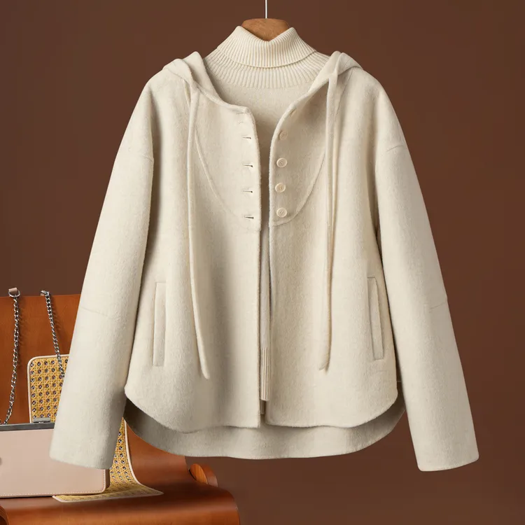 秋冬新款双面呢大衣女短款赫本风连帽宽松小个子纯羊毛呢子外套