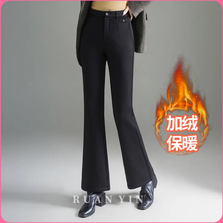 RUAN YIN秋冬季加绒裤子微喇裤女高腰修身显瘦外穿长裤妈妈黑色