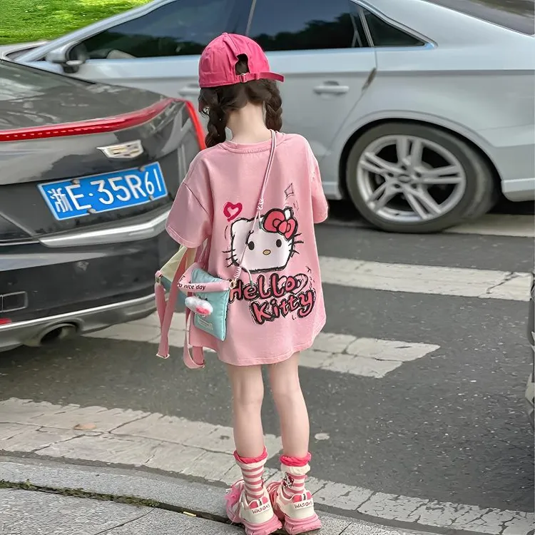 女童纯棉短袖夏季卡通印花t恤2025年款韩版洋气宽松中长款上衣潮