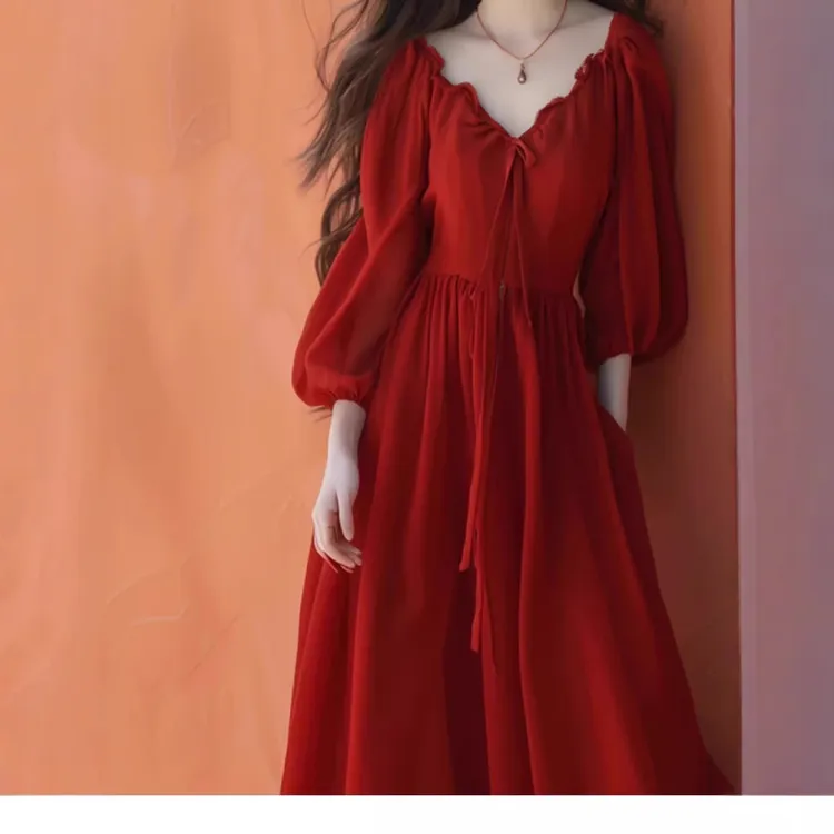 胖mm大码海边法式红色V领连衣裙女系带收腰高级穿搭a字长裙200斤