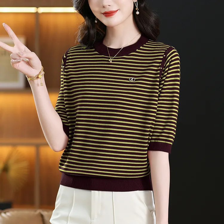 条纹夏装妈妈圆领短袖2025新款冰丝针织衫宽松短款显瘦减龄t恤女