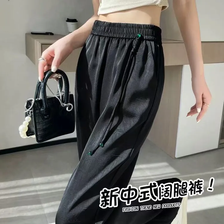 夏季新款新中式阔腿裤国风窄版直筒缎面抓花休闲裤薄款休闲拖地裤