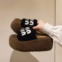 韩版秋冬季爆款带字母学院风厚底增高4-7CM一字毛拖防滑居家外穿