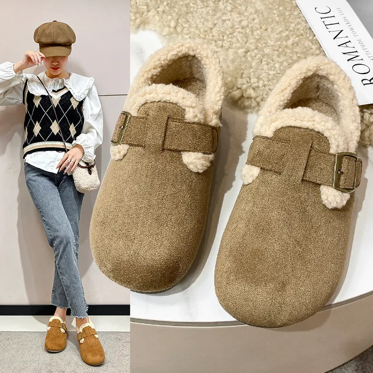 啄木鸟勃肯鞋女加绒2024秋冬新款森系复古圆头休闲一脚蹬乐福棉鞋