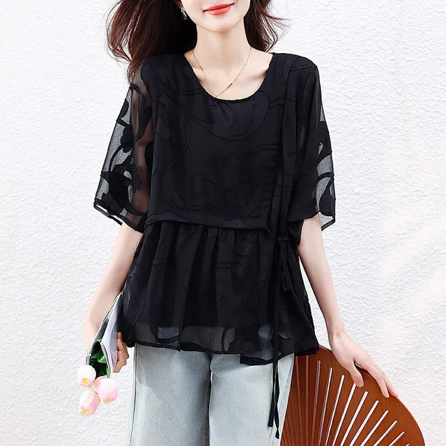 雪纺衬衫女高级感轻奢夏季2025新款妈妈中袖小衫大码宽松遮肚上衣