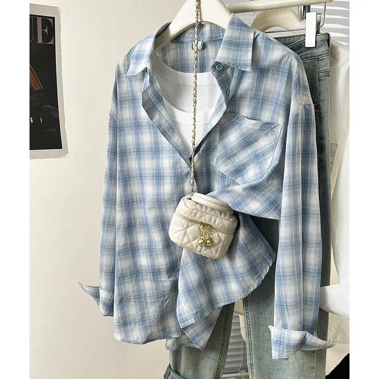 韩版ins蓝色格子衬衫2025新款纯欲慵懒风百搭小清新宽松显瘦外套