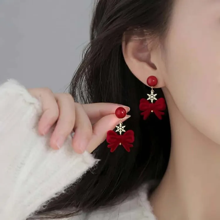 合金亚克力耳饰 新款蝴蝶结耳环红色2025蛇年本命年耳钉新年过年