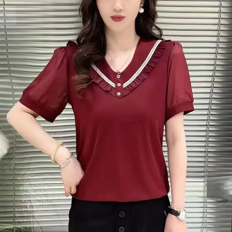 夏季新款女士上衣韩版高档V领荷叶边雪纺袖百搭遮肚短袖T恤小衫