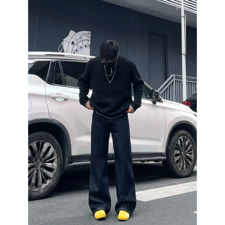 秋季男士微喇牛仔裤新款个性字母牛仔裤嘻哈ins高街潮流痞帅长裤