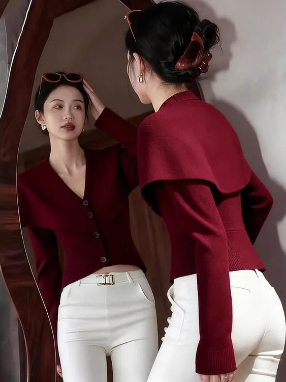 法式复古红色V领长袖针织衫女2025秋冬新款高级气质掐腰显瘦上衣