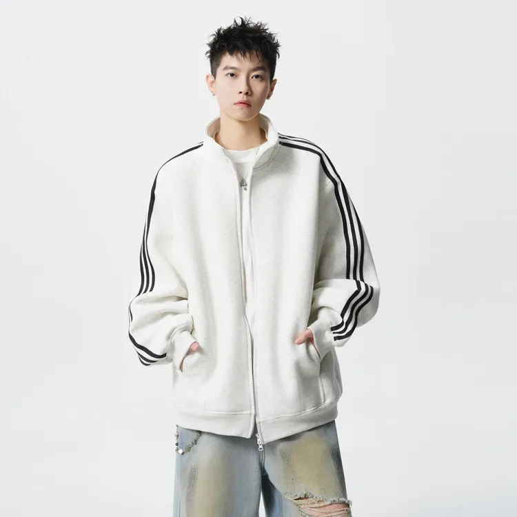 美式重磅条纹立领卫衣男女潮牌宽松三条杠春秋冬运动休闲情侣外套