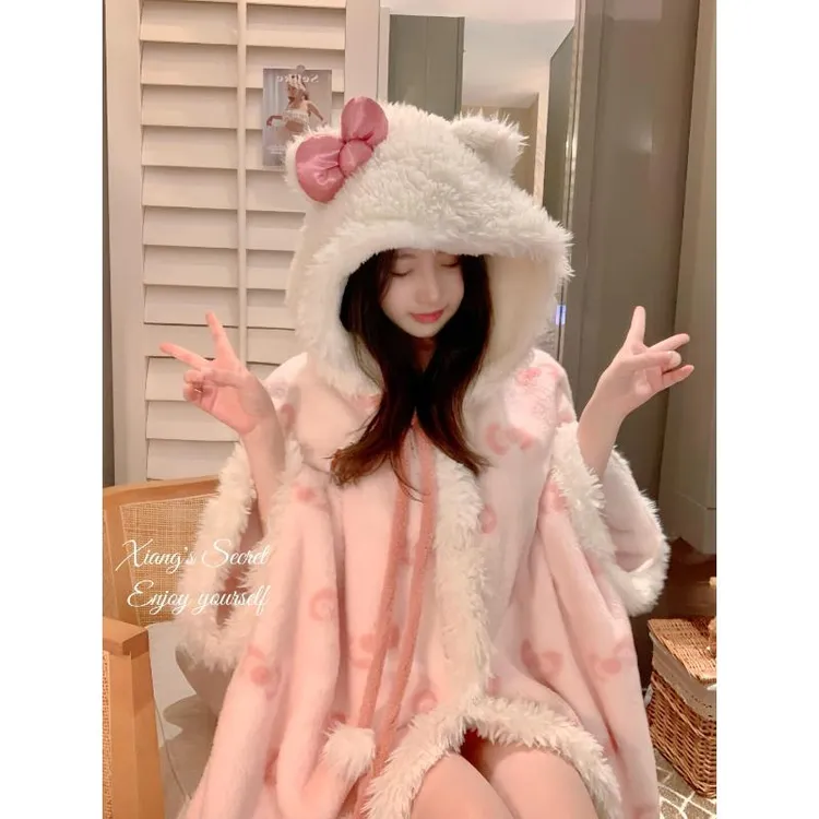 HelloKitty凯蒂猫珊瑚绒睡袍斗篷睡衣女秋冬季加绒加厚可爱家居服