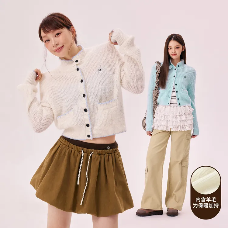 CHUU翻领设计软糯字母刺绣含羊毛重工百搭针织衫FHNJ068V