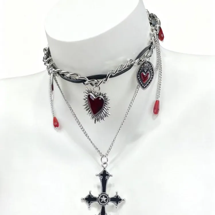 合金项链 朋克小众设计精致十字架爱心配饰个性叠戴水滴颈链