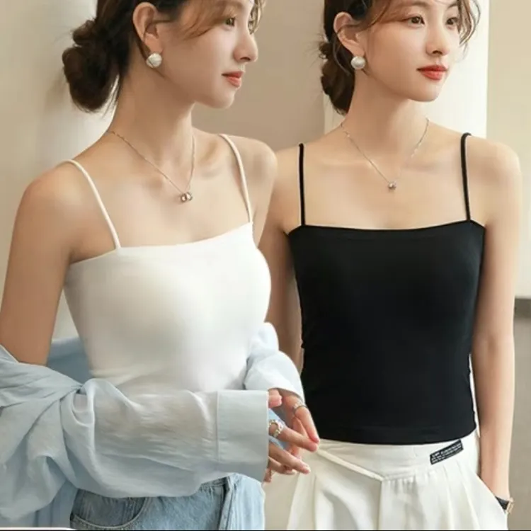 辣妹百搭纯色吊带背心女夏季冰丝带胸垫细肩带显瘦内搭上衣外穿L