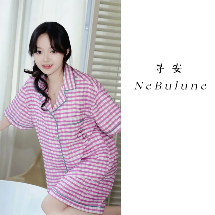 【粉红格子】女士夏季宽松短袖短裤格子睡衣舒适休闲可外穿家居服