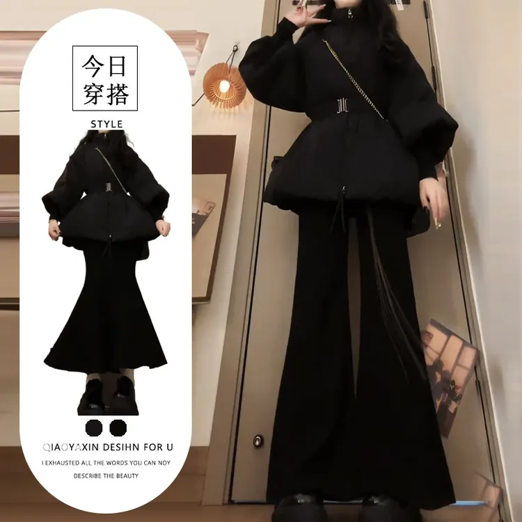 套装裙一整套走亲戚年轻漂亮灯笼袖棉服外套黑色中长半身裙两件套