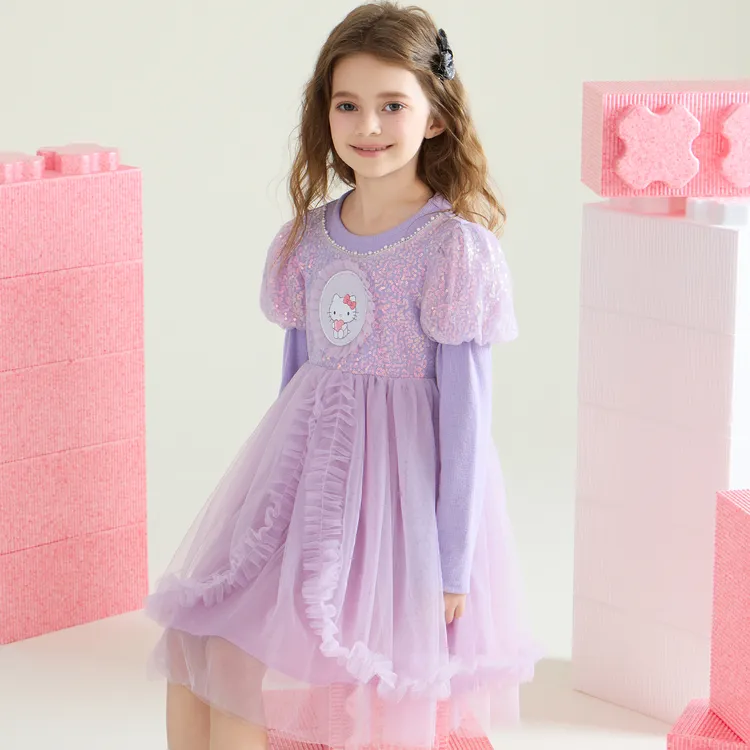 HELLO KITTY女童秋季连衣裙2025小女孩泡泡袖亮片公主网纱裙子潮